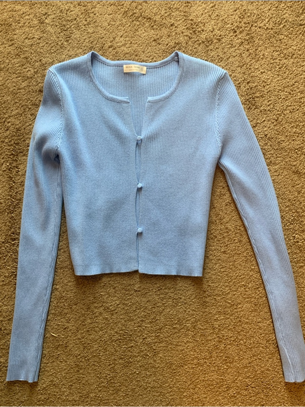 Cropped Open Front Light Blue Knit Cardigan with Covered Buttons